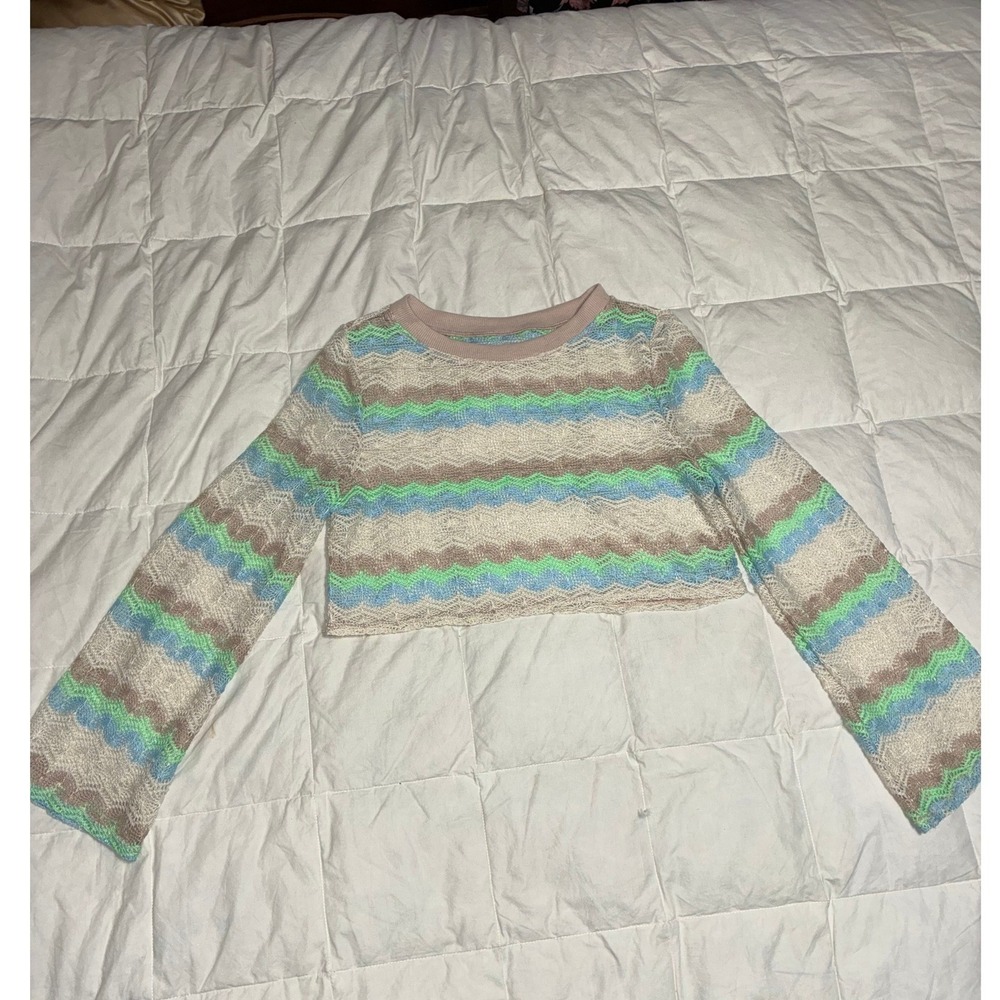 Boho Chevron Stripe Pointelle Knit Cropped Sweater Blue Green Tan